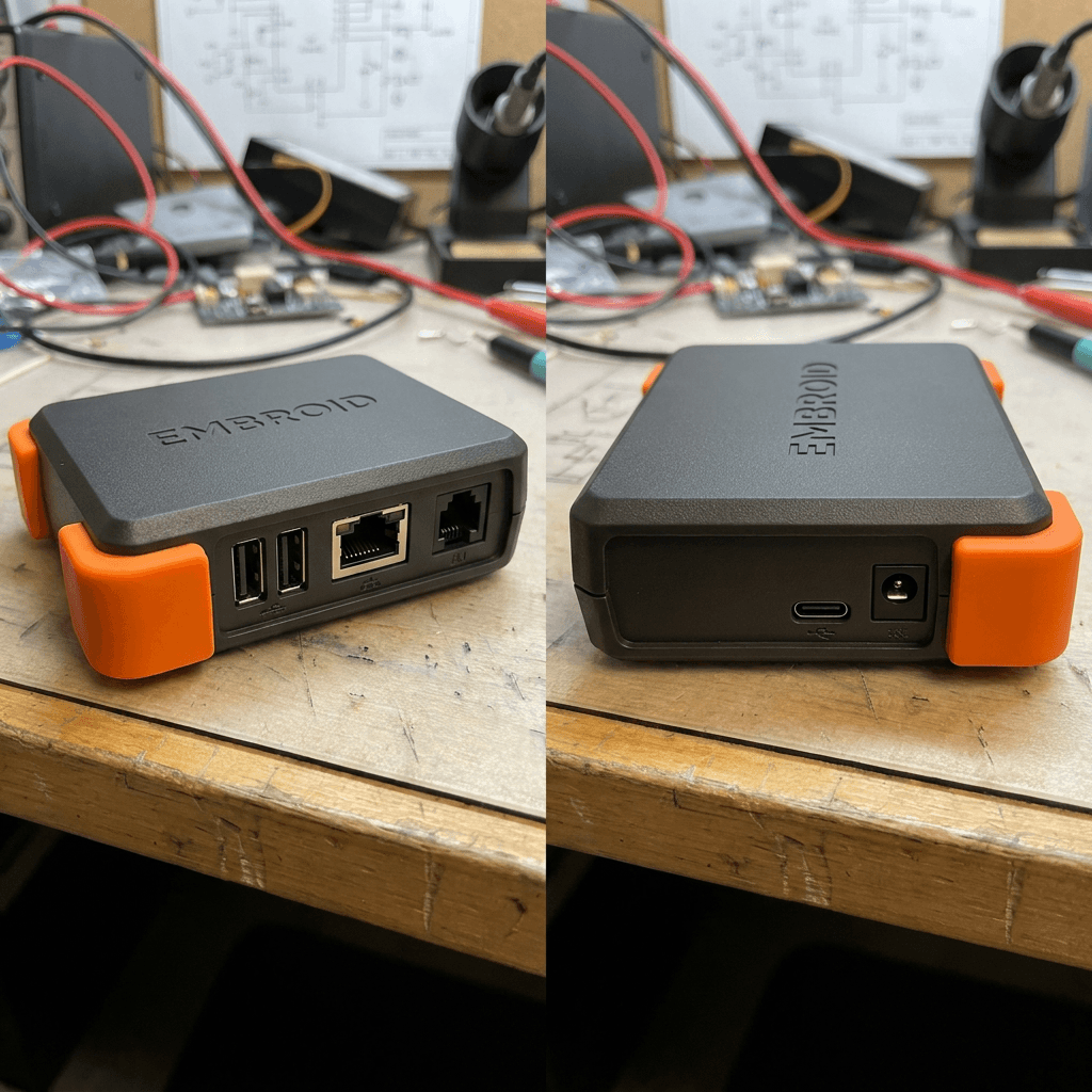 Embroid Basic hardware, front and back views of a compact node with orange bumpers, USB ports, and DC inlet.